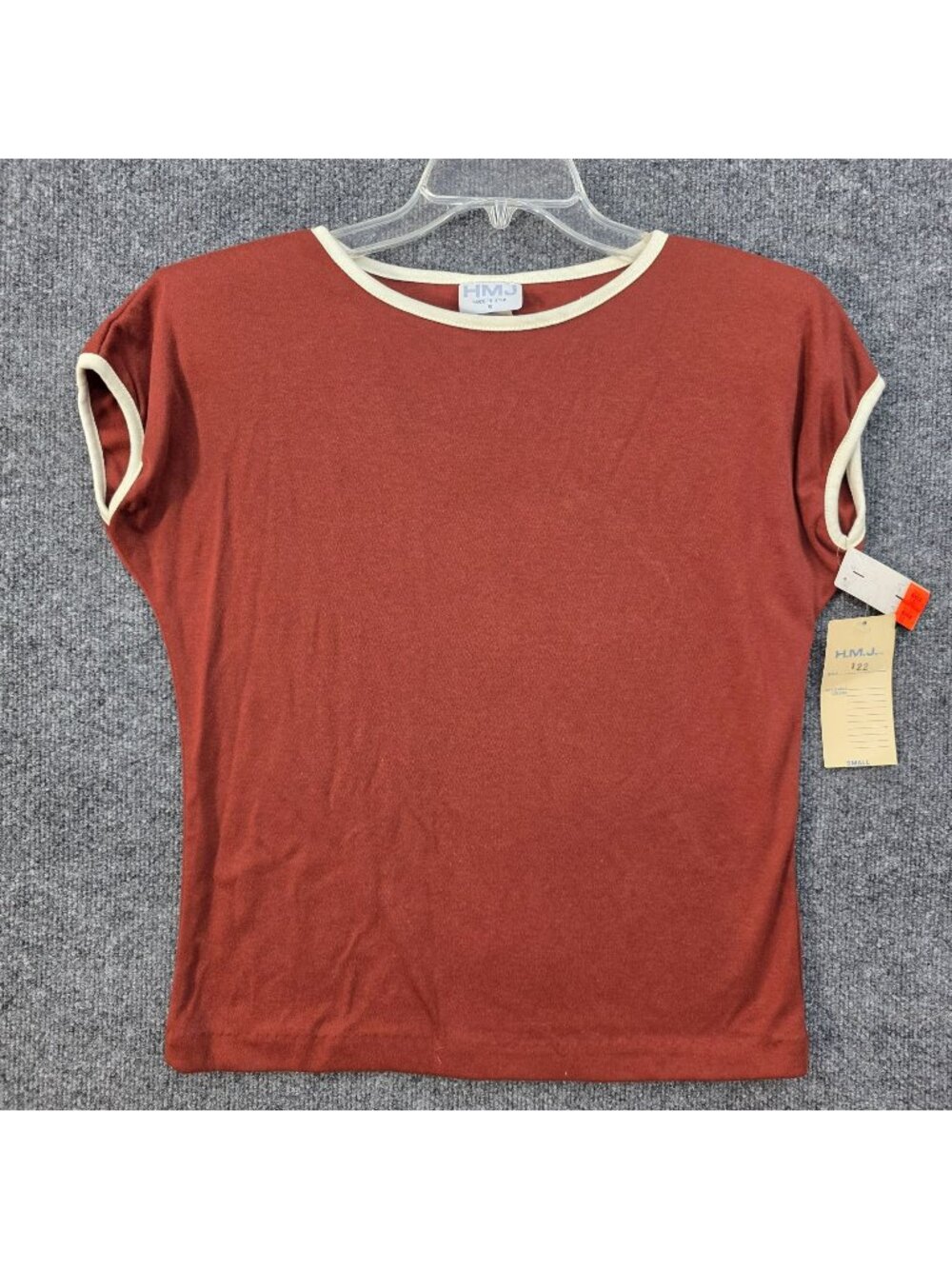 Vintage H.M.J. Ringer T Shirt S Rust Cream USA Deadstock Minimalist Retro Casual